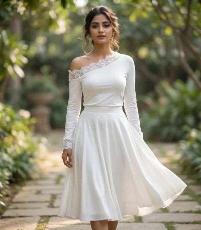 Elegant women’s off shoulder white top featuring intricate lace trim neckline and long sleeves (3)