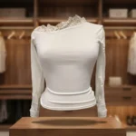 Elegant women’s off shoulder white top featuring intricate lace trim neckline and long sleeves (4)