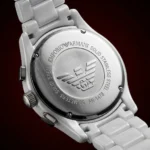 Emporio Armani AR 1478 Ceramica white watch with rose gold roman numerals on a premium display cushion (4)