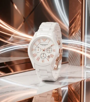 Emporio Armani AR 1478 Ceramica white watch with rose gold roman numerals on a premium display cushion (5)