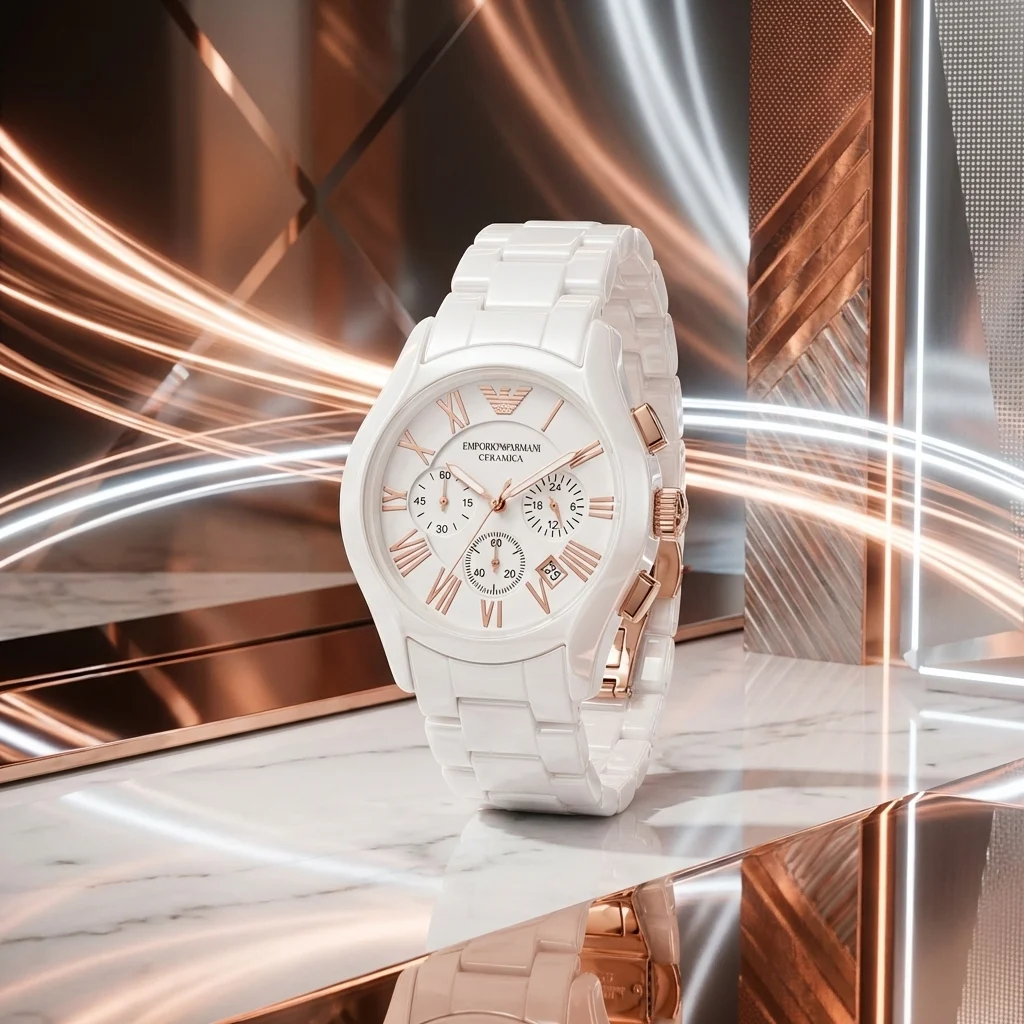 Emporio Armani AR 1478 Ceramica white watch with rose gold roman numerals on a premium display cushion (5) Emporio Armani AR 1478 Ceramica white watch with rose gold roman numerals on a premium display cushion (5)