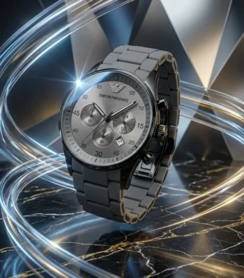 Emporio Armani Men’s Chronograph Watch with Grey Silicone Strap and Silver Dial (2)