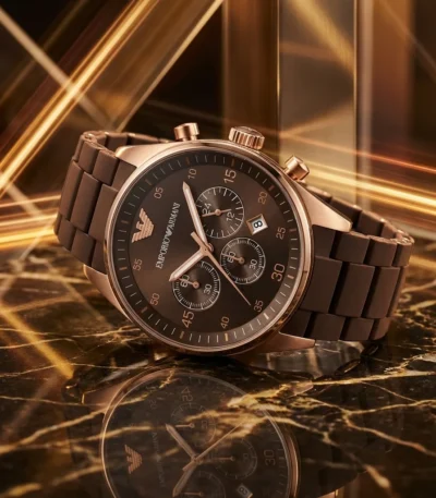 Emporio Armani Men's Rose Gold Chronograph Watch with Chocolate Brown Silicone Strap (5)
