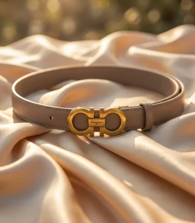 Ferragamo Gancini Reversible Leather Belt for Women in Taupe with Gold Buckle (3)