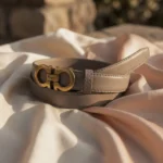 Ferragamo Gancini Reversible Leather Belt for Women in Taupe with Gold Buckle (4)