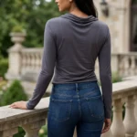 Front and back view of a woman wearing a charcoal grey full sleeve cowl neck top with blue jeans (1)
