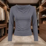 Front and back view of a woman wearing a charcoal grey full sleeve cowl neck top with blue jeans (2)