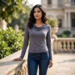 Front and back view of a woman wearing a charcoal grey full sleeve cowl neck top with blue jeans (3)