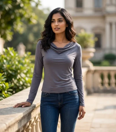Front and back view of a woman wearing a charcoal grey full sleeve cowl neck top with blue jeans (3)