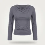 Front and back view of a woman wearing a charcoal grey full sleeve cowl neck top with blue jeans (5)