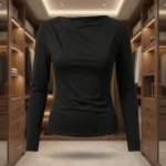 Front and back view of a woman wearing a slim fit black full sleeve top with a draped boat neck (1)