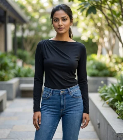 Front and back view of a woman wearing a slim fit black full sleeve top with a draped boat neck (2)