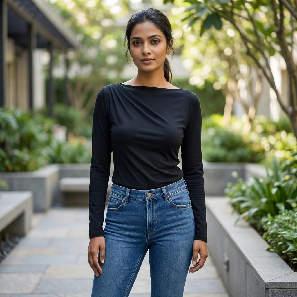 Front and back view of a woman wearing a slim fit black full sleeve top with a draped boat neck (2)