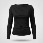 Front and back view of a woman wearing a slim fit black full sleeve top with a draped boat neck (5)
