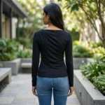 Front and back view of a woman wearing a slim fit black full sleeve top with a draped boat neck (6)