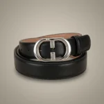 Front view of a men's black leather belt with a polished silver interlocking monogram buckle (1)