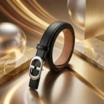 Front view of a men's black leather belt with a polished silver interlocking monogram buckle (3)