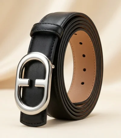 Front view of a men's black leather belt with a polished silver interlocking monogram buckle (4)