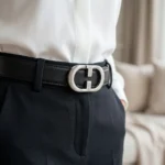 Front view of a men's black leather belt with a polished silver interlocking monogram buckle (5)