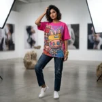 Fuchsia oversized t shirt for women featuring a colorful graffiti character print and crystal rhinestone embellishment (1)