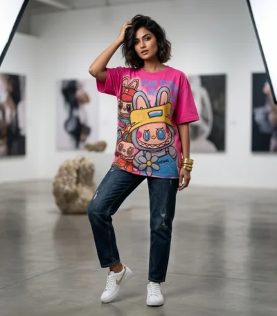 Fuchsia oversized t shirt for women featuring a colorful graffiti character print and crystal rhinestone embellishment (1)
