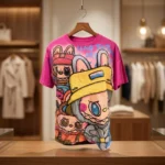 Fuchsia oversized t shirt for women featuring a colorful graffiti character print and crystal rhinestone embellishment (2)
