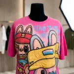 Fuchsia oversized t shirt for women featuring a colorful graffiti character print and crystal rhinestone embellishment (3)