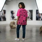Fuchsia oversized t shirt for women featuring a colorful graffiti character print and crystal rhinestone embellishment (4)