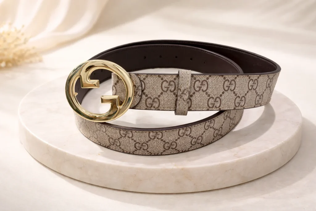 Gucci Blondie GG Supreme beige and ebony canvas belt with gold toned interlocking G logo buckle for women (1)