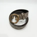 Gucci Blondie GG Supreme beige and ebony canvas belt with gold toned interlocking G logo buckle for women (2)