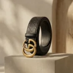 Gucci black embossed leather belt with gold Double G buckle (1)