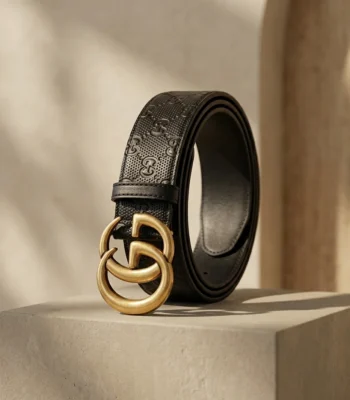 Gucci black embossed leather belt with gold Double G buckle (1)