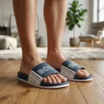 HUGO BOSS Men's Navy Blue Sliders with bold white BOSS logo on the strap (1)