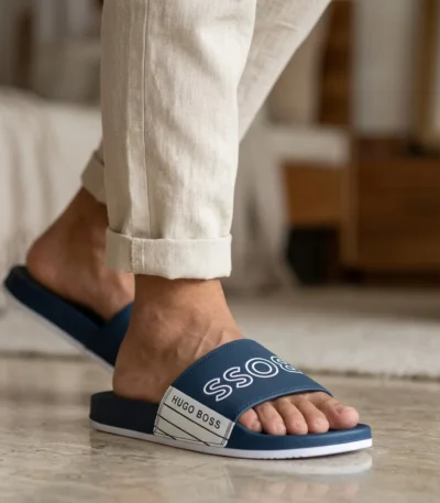 HUGO BOSS Men's Navy Blue Sliders with bold white BOSS logo on the strap (2)