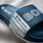 HUGO BOSS Men's Navy Blue Sliders with bold white BOSS logo on the strap (3)