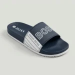 HUGO BOSS Men's Navy Blue Sliders with bold white BOSS logo on the strap (4)