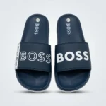HUGO BOSS Men's Navy Blue Sliders with bold white BOSS logo on the strap (5)
