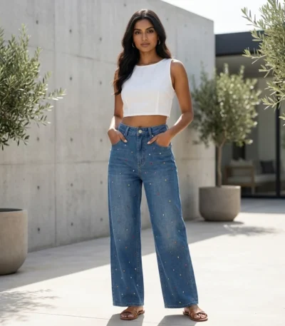 High waisted wide leg blue jeans for women with multi colored rhinestone embellishments (1)