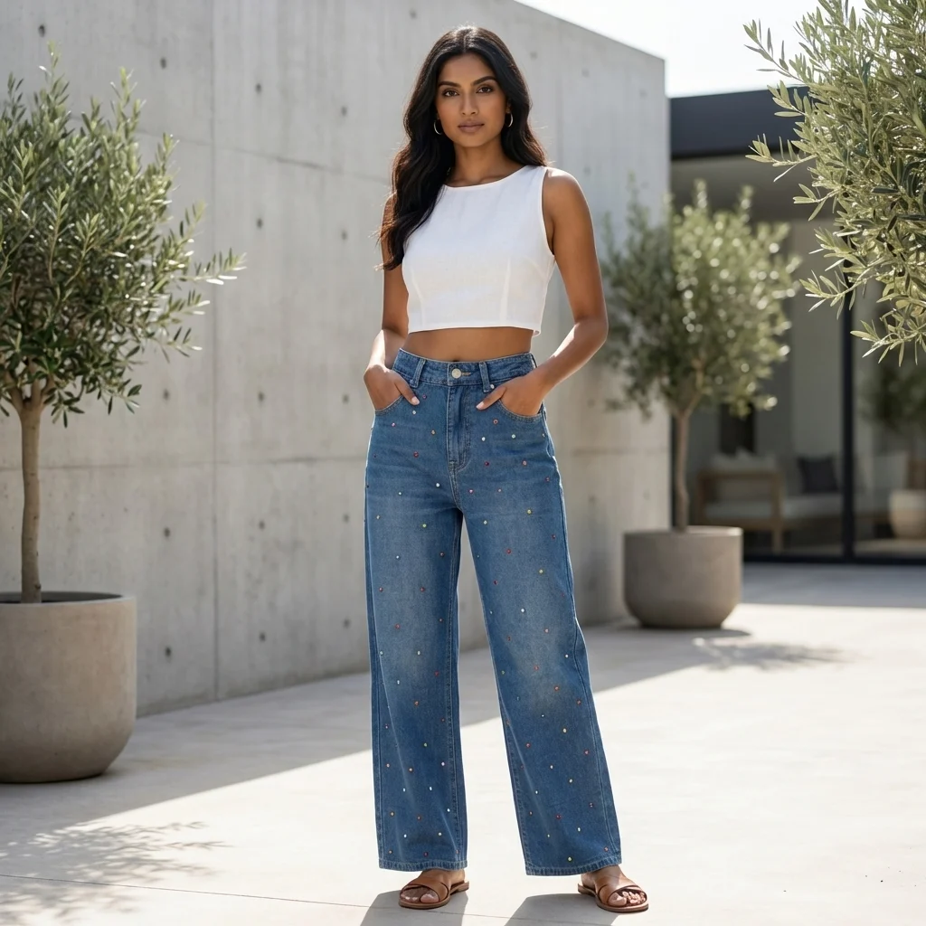 High waisted wide leg blue jeans for women with multi colored rhinestone embellishments (1)