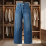 High waisted wide leg blue jeans for women with multi colored rhinestone embellishments (2)