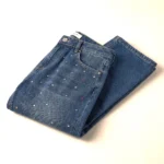 High waisted wide leg blue jeans for women with multi colored rhinestone embellishments (3)