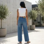 High waisted wide leg blue jeans for women with multi colored rhinestone embellishments (4)