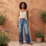 High waisted wide leg denim jeans in ombre blue wash for women (3)