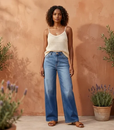 High waisted wide leg denim jeans in ombre blue wash for women (3)