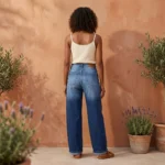 High waisted wide leg denim jeans in ombre blue wash for women (4)