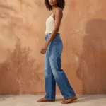 High waisted wide leg denim jeans in ombre blue wash for women (5)