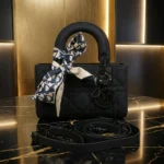 Lady Dior D Joy Ultra Matte Black Cannage Calfskin Bag with Oblique Twilly (3)