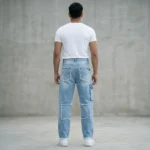 Light Blue Distressed Patchwork Men’s Straight Fit Denim Jeans (2)