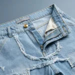 Light Blue Distressed Patchwork Men’s Straight Fit Denim Jeans (3)