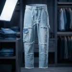 Light Blue Distressed Patchwork Men’s Straight Fit Denim Jeans (4)